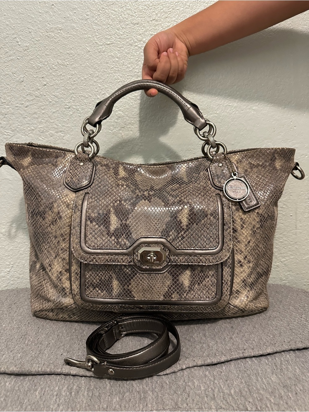 Coach Campbell Snakeskin  Embossed Leather Larger Satchel with Top Handles